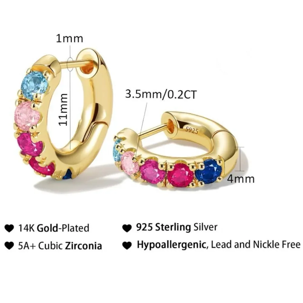 14K Yellow Gold Sterling Silver and Multicolor Cubic Zirconia Huggie Earrings